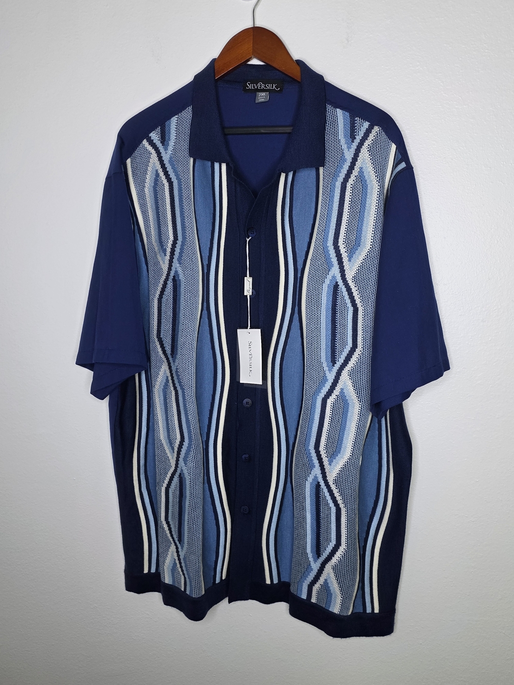NWT Silversilk 2XL Blue 3D Cable Knit Coogi Style Polo Shirt Eclectic Grandpa